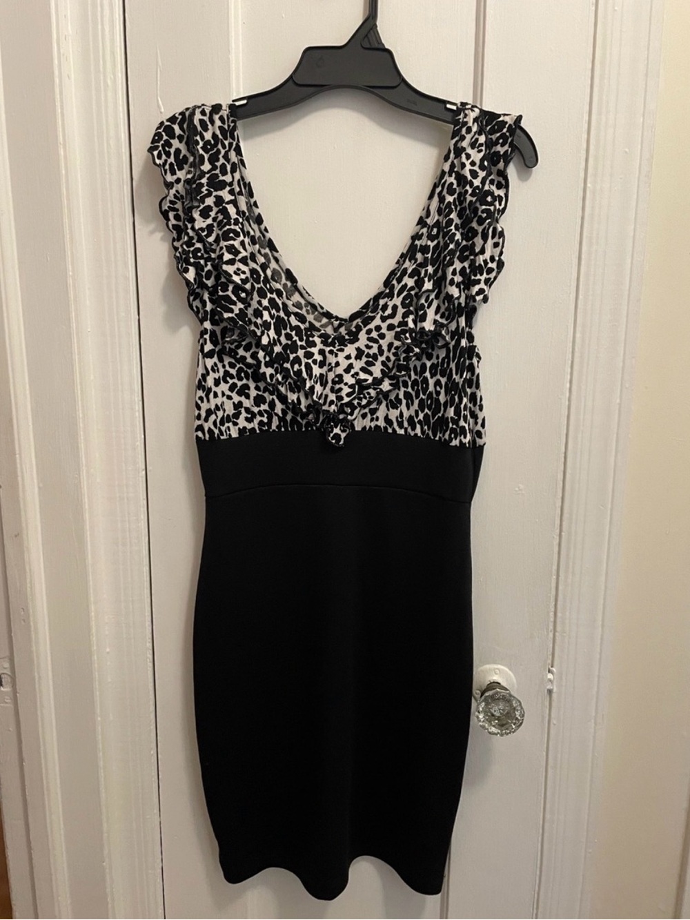 Body Central Black Dress with White & Black Leopard Ruffle Top